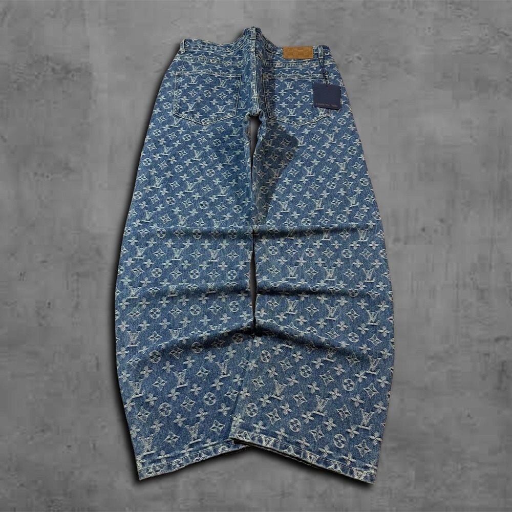 Wide Leg Blue Louis Vuitton Lv Monogram Leather Design Streetwear Jeans - Picture 2 of 9